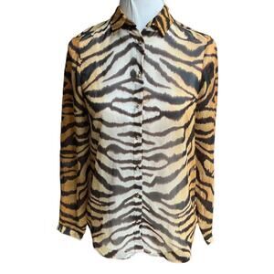 Zara Bengal Tiger Pattern Sheer Button Down Shirt Brown Size XSmall